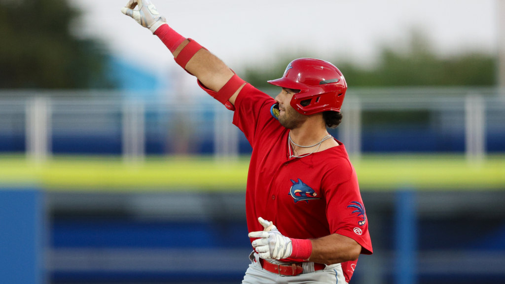Gabriel Rincones Jr. celebrates a home run in a Threshers victory.