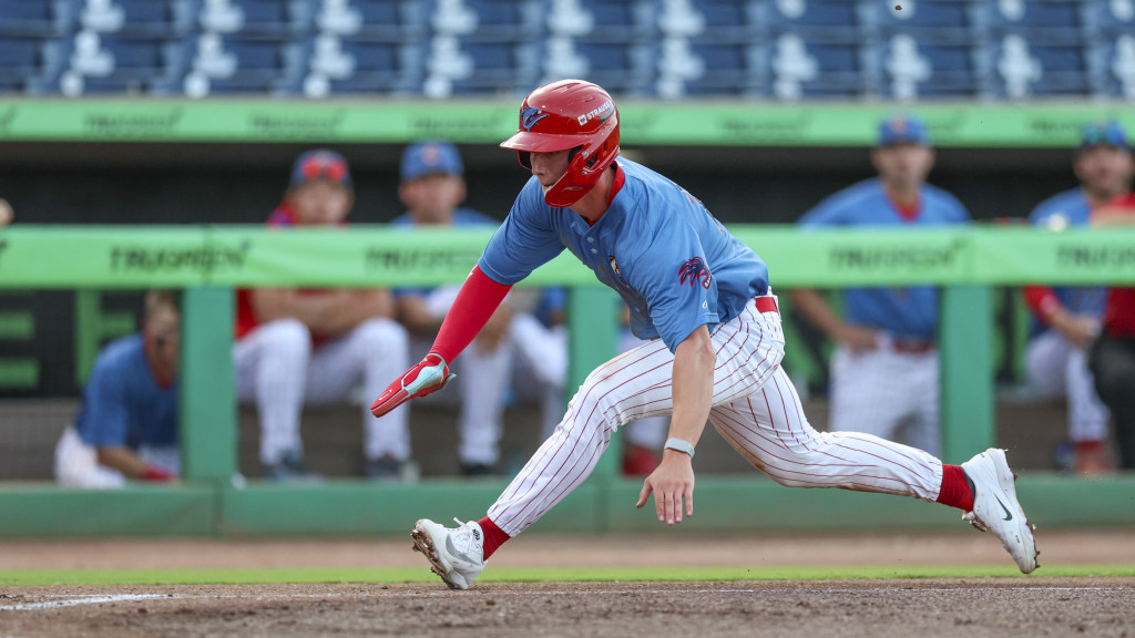 Phillies outfield prospect Griffin Burkholder slides in to home plate for a Threshers run.