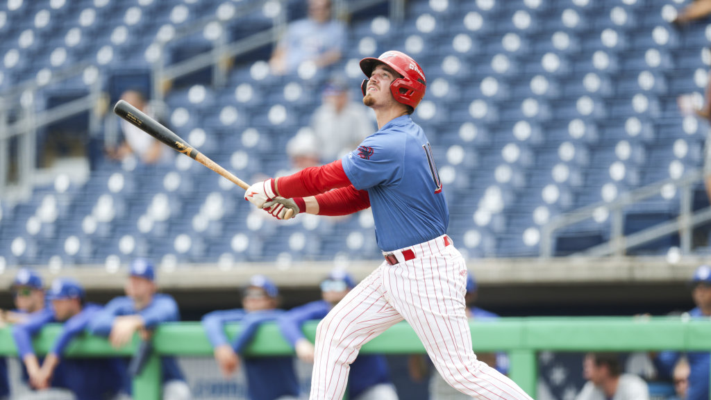 Phillies catching prospect Will Vierling connects on a base hit during a start for the Clearwater Threshers.