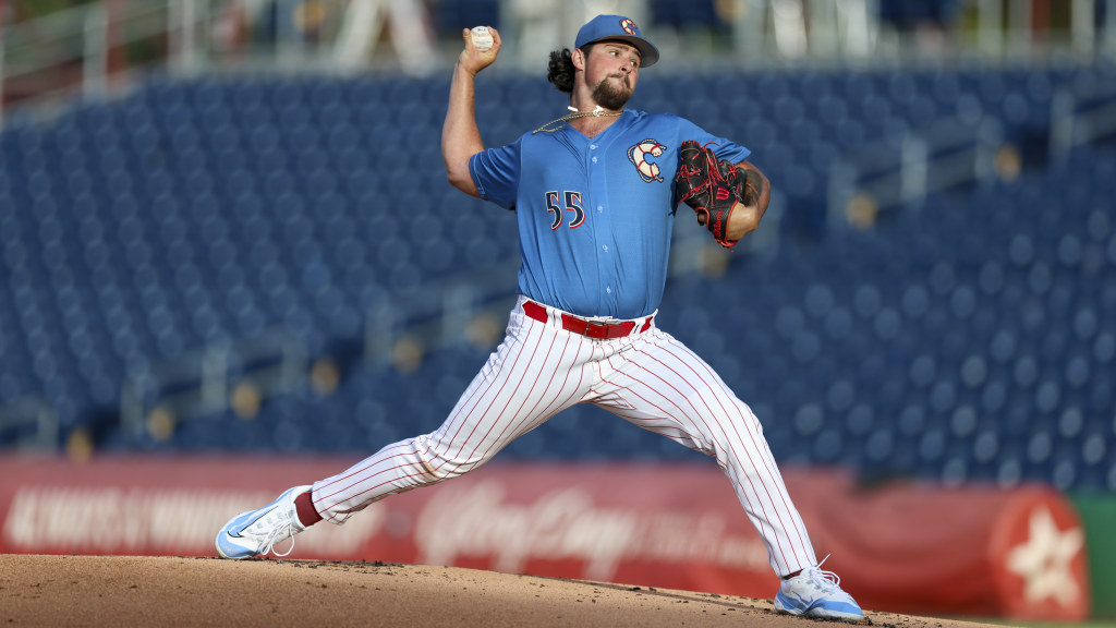 Phillies #17 pitching prospect Sean Youngerman hurls in a strike in a game for the Threshers.
