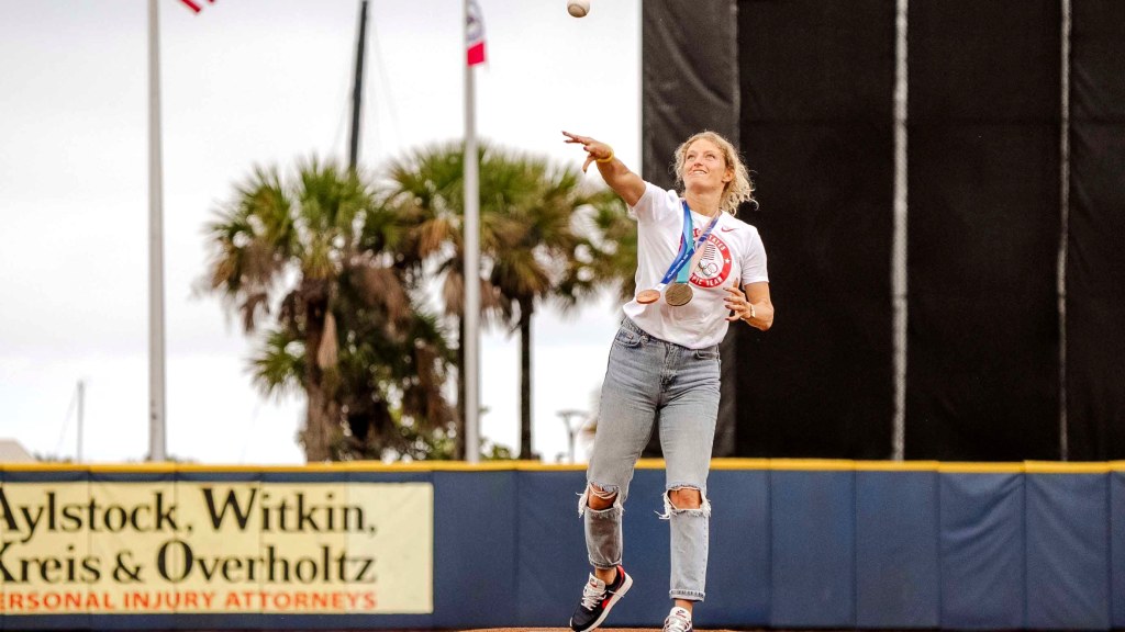 U.S. Olympic speedskater medalist Mia Manganello, who grew up in Crestview, tosses a ceremonial first pitch May 7 at Blue Wahoos Stadium. 
