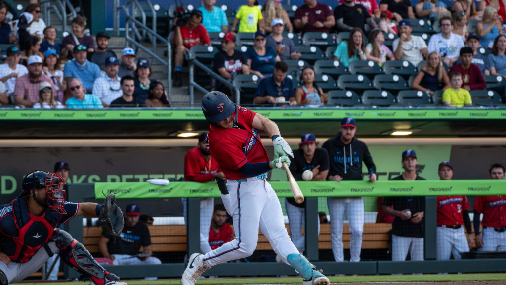 Gage Miller smashed a three-run home run and walked twice in Wednesday's victory at Gwinnett. (Wyatt Lucovsky/Jacksonville Jumbo Shrimp)