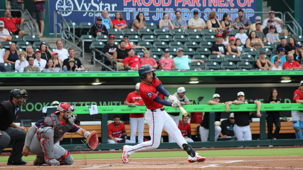 Andrew Pintar homered in Sunday's loss at Worcester. (Skylar Catherwood/Jacksonville Jumbo Shrimp)