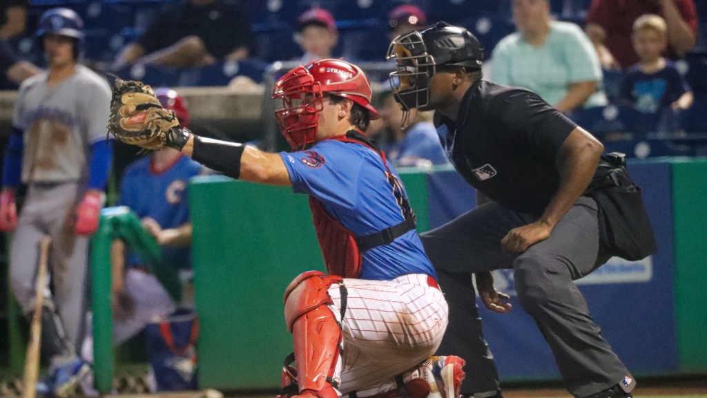 Phillis catching prospect Will Vierling catches a pitch from behind home plate