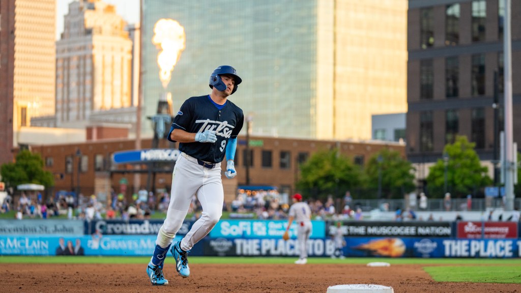 Chris Newell rounds third base after hitting a grand slam home run in the bottom of the second inning of Tulsa's loss to Amarillo on Saturday night.