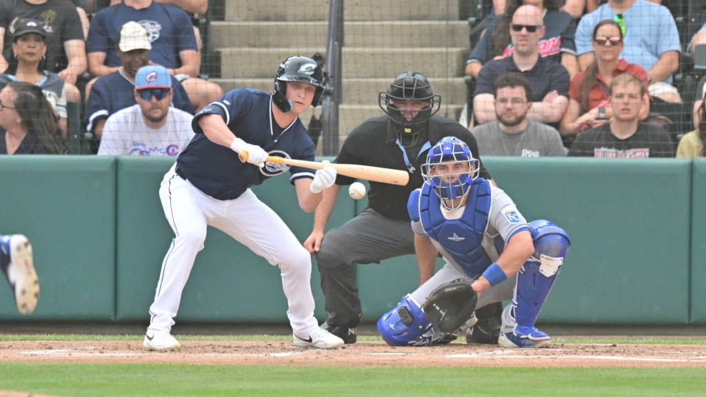 Petey Halpin lays down a bunt Friday night against the Storm Chasers