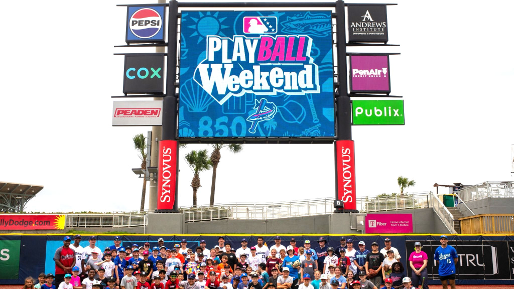 Youth participants gather with Blue Wahoos players and former MLB players from Pensacola during the June 6 Blue Wahoos Fred Waters Clinic as part of MLB PlayBall weekend.