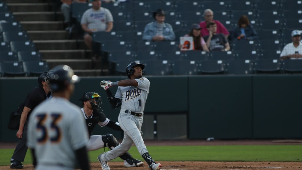 Jaison Chourio takes a swing at Prince George's Stadium Tuesday night. He had his first career multi-homer game.