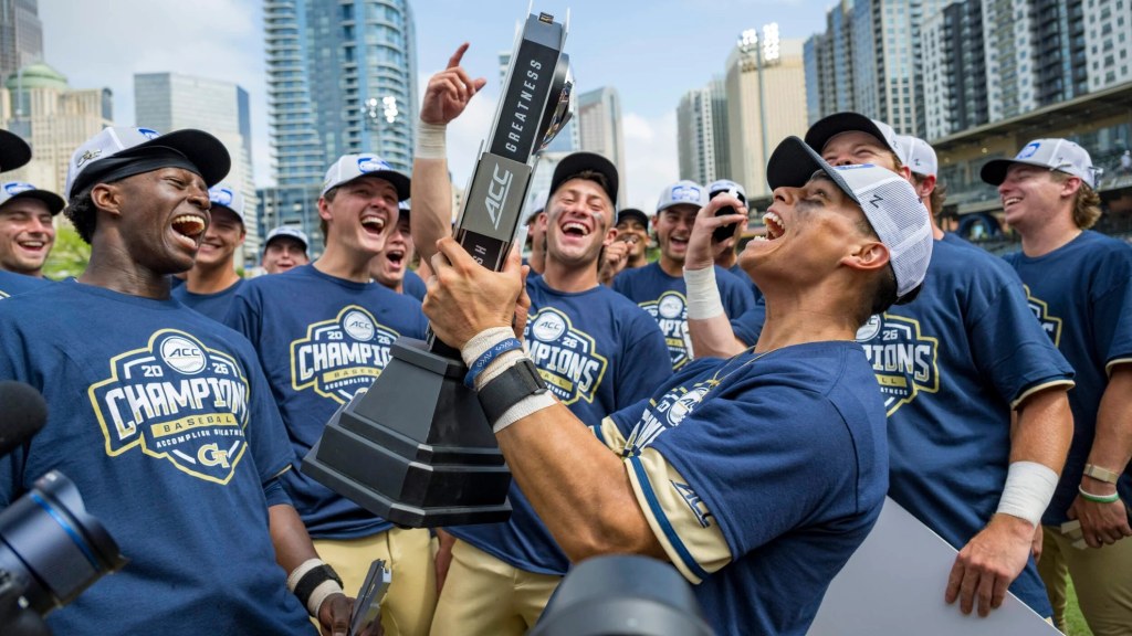 Georgia Tech players celebrate their Atlantic Coast Conference Tournament championship in 2026.