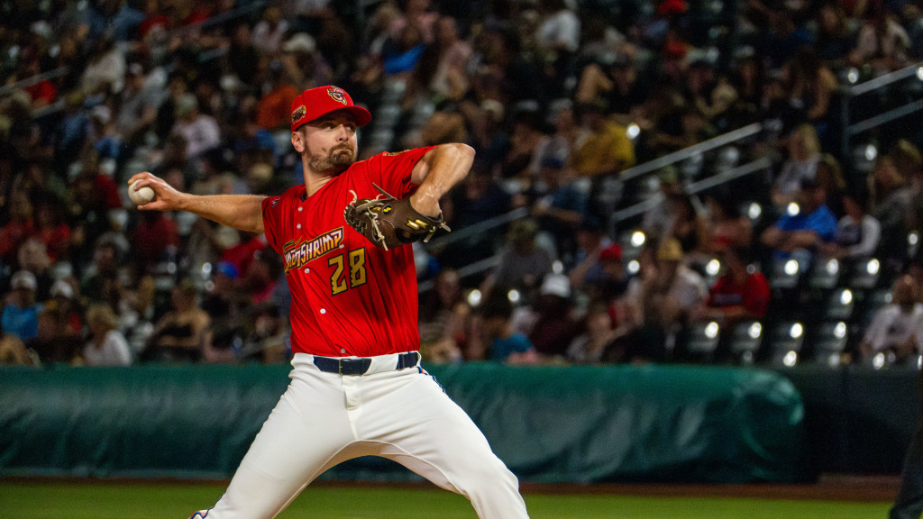 Jake Walkinshaw tossed a scoreless inning on Tuesday at Gwinnett. (Wyatt Lucovsky/Jacksonville Jumbo Shrimp)