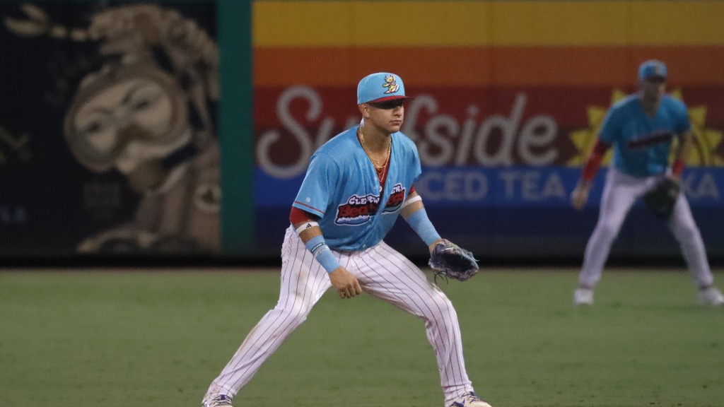 Phillies prospect Nolan Beltran gets ready in field at second base during. a game at BayCare Ballpark.