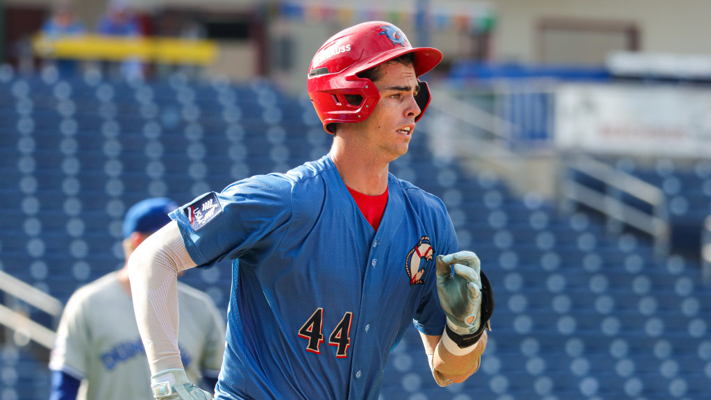 Phillies fifth-round pick Will Gasparino hustles down the first base line in a win for the Clearwater Threshers.