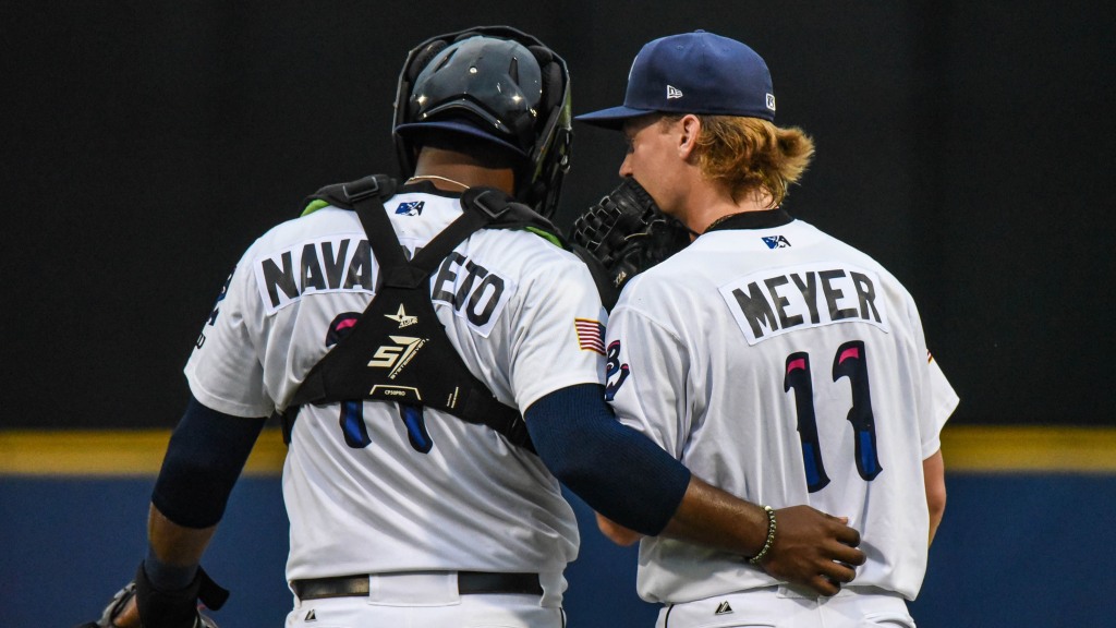 Max Meyer and Brian Navarreto were Blue Wahoos teammates in 2019 and now teammates again with Miami Marlins. 
