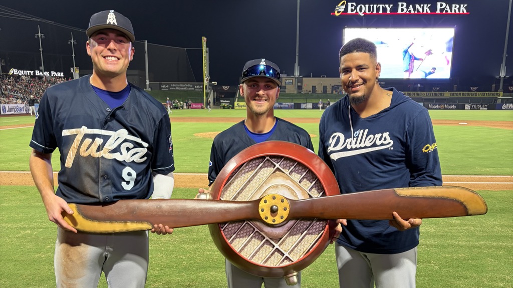 Chris Newell, Taylor Young and Christian Suarez hold the Coors Light Propeller Trophy. The Driller reclaimed the trophy by clinching this year's season series with Wichita with Friday's 10-5 victory. It is the earliest that the season season has ever been clinched in six seasons of the Propeller Series.