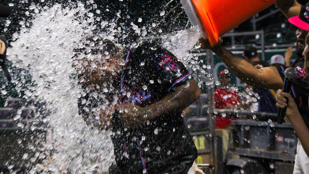 **Deyvison De Los Santos** smacked his second last at-bat win of the series in Jacksonville’s doubleheader split with Memphis Thursday night, 4-3 and 11-4. (Skylar Catherwood/Jacksonville Jumbo Shrimp)