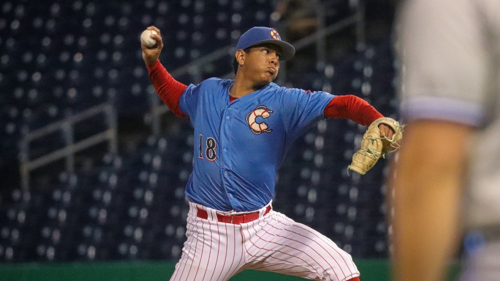 Phillies pitching prospect Wilmer Blanco fires home a strike in his Threshers debut.