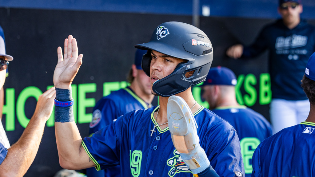 Quincy Scott receives high-fives in the dugout.