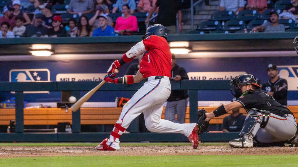 Jesús Bastidas whacks a solo homer in Jacksonville's 8-3 loss to Norfolk Friday night. (Wyatt Lucovsky/Jacksonville Jumbo Shrimp)