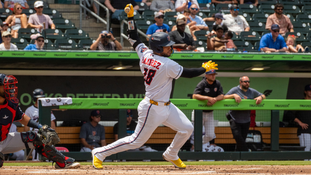 Agustín Ramírez plates Jacksonville's only run in their 3-1 loss to Nashville, Sunday afternoon. (Wyatt Lucovsky/Jacksonville Jumbo Shrimp)