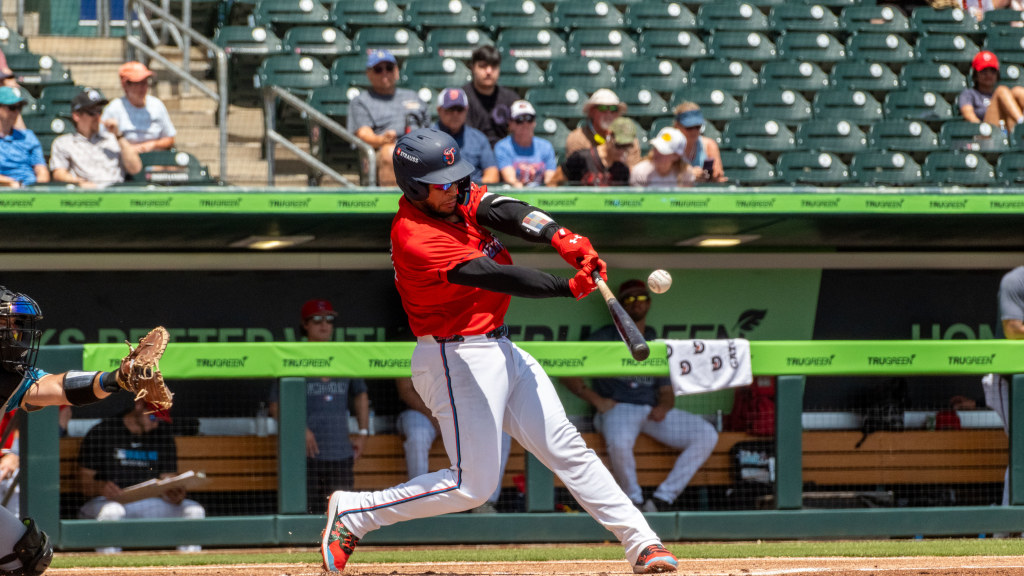 Agustín Ramírez homered across both games of Thursday's de facto doubleheader in Charlotte. (Wyatt Lucovsky/Jacksonville Jumbo Shrimp)