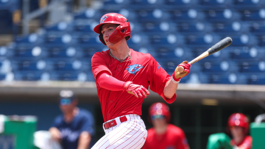 Phillies outfield prospect Griffin Burkholder takes a swing in a game for the Clearwater Threshers