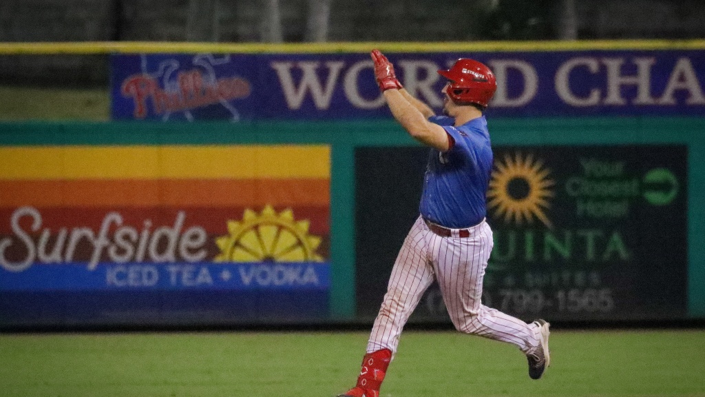 Phillies catching prospect Will Vierling celebrates a solo home run during a Threshers win over Dunedin.