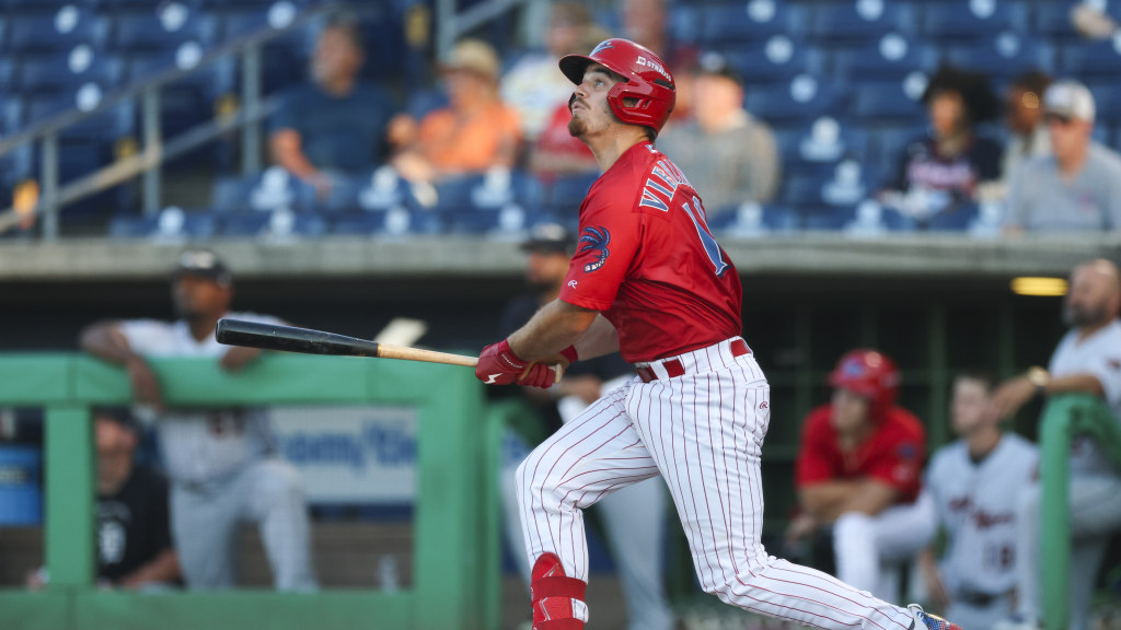 Phillies catching prospect Will Vierling smacks a hit during a start for the Clearwater Threshers.
