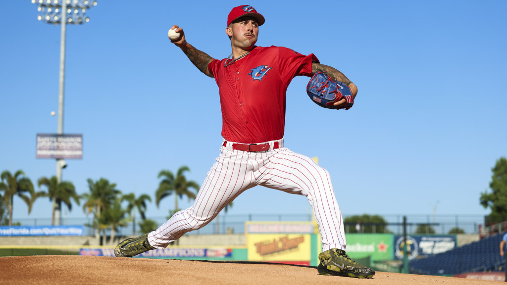 Phillies pitching prospect Tanner Gresham sends a pitch home in a Threshers game at BayCare Ballpark