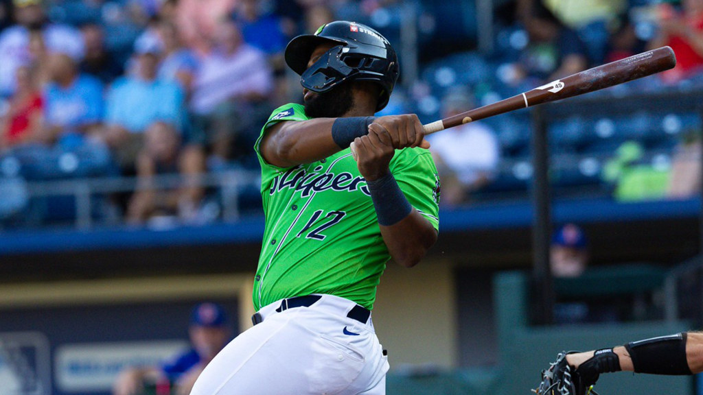 Chuckie Robinson blasted his first Stripers homer on Friday night in Louisville.