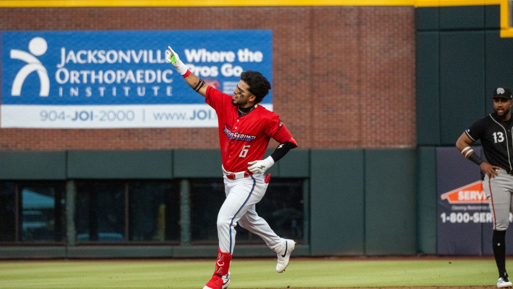 Jared Serna homers and drives in three in Jacksonville's 11-5 win over Durham Thursday night. (Wyatt Lucovsky/Jacksonville Jumbo Shrimp)