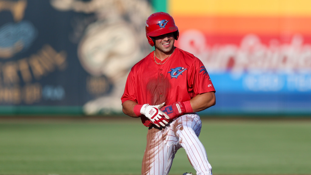 Phillies #7 prospect Dante Nori celebrates a steal of second base while playing for the Clearwater Threshers.
