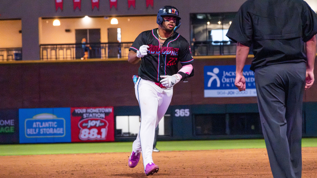 Deyvison De Los Santos socked two home runs in Tuesday's game at Norfolk. (Skylar Catherwood/Jacksonville Jumbo Shrimp)