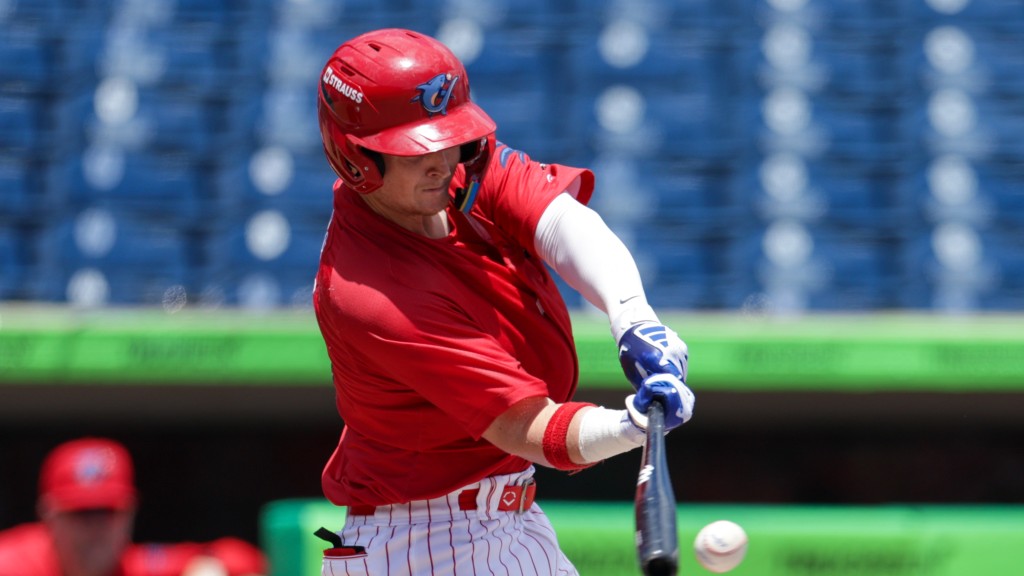 Phillies catching prospect Luke Davis takes a swing for the Clearwater Threshers during a game at BayCare Ballpark.