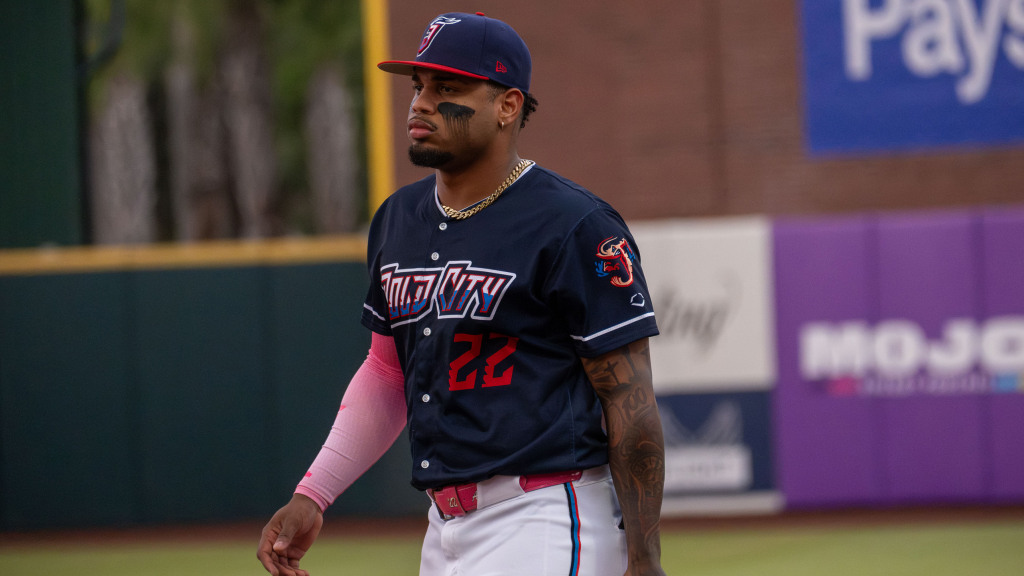 Deyvison De Los Santos went 2-for-4 with a double and a run scored on Friday at Memphis. (Skylar Catherwood/Jacksonville Jumbo Shrimp)