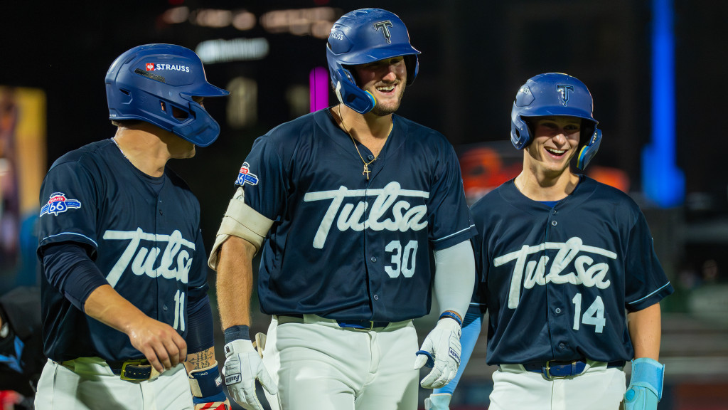 Joe Vetrano celebrates the second of his two home runs from Friday's 7-4 victory over Wichita at ONEOK Field.