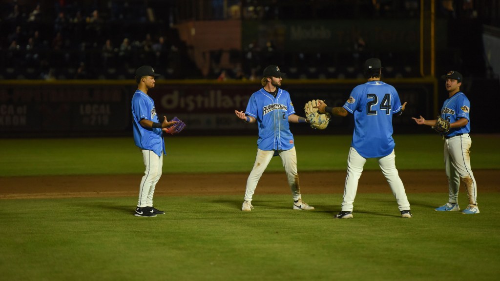The RubberDucks infield celebrates after the 5-1 win over Chesapeake.