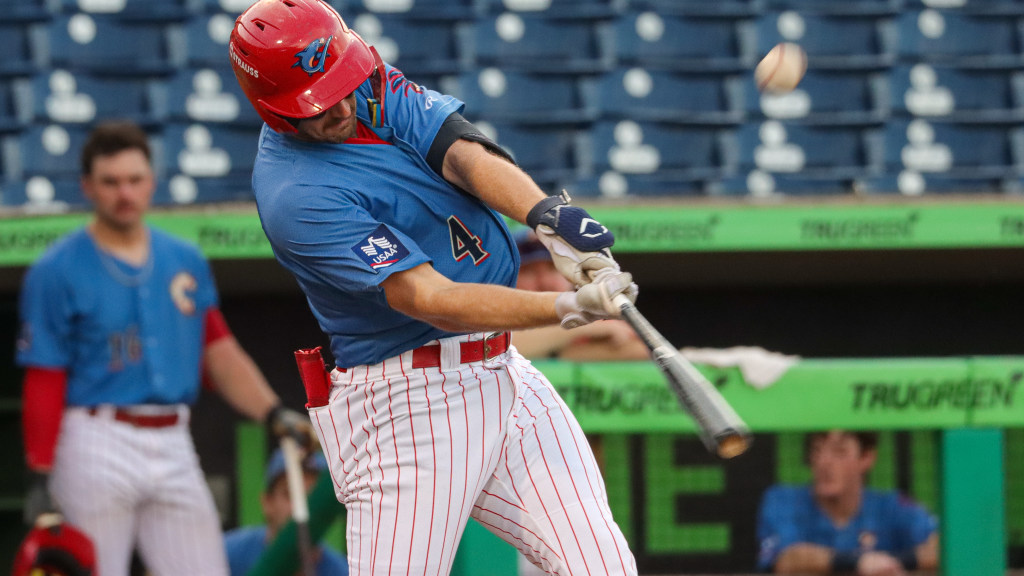 Phillies outfield prospect Jonathan Hogart takes a swing during a game for the Clearwater Threshers