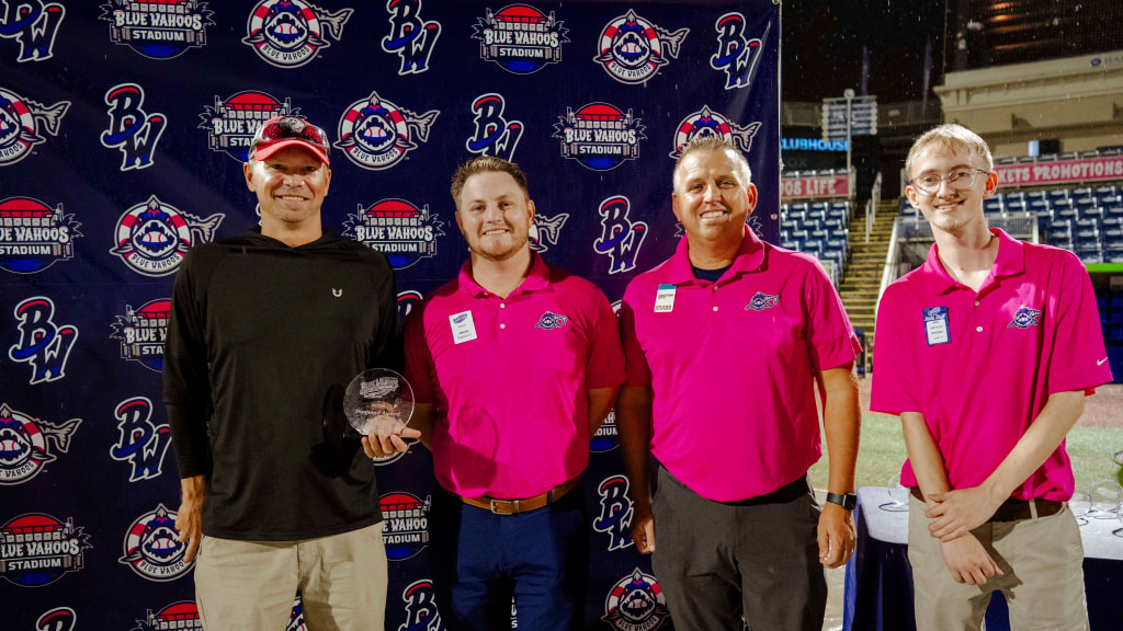 Josh Purcell, far left, named the MVP of the 2026 Blue Wahoos Diamond Awards for his work in the ticket offices, joins, ticket operations manager Jackson Dietz, team president Jonathan Grifftih and ticket office trainee Anderson Stuckey.