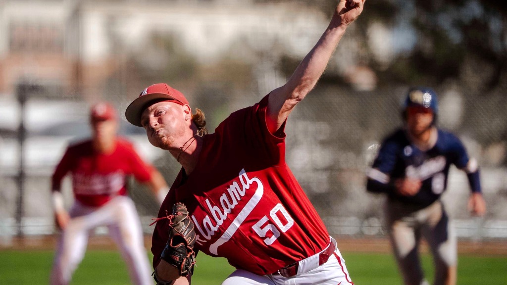 Alabama's Conner Lehman delivers a pitch in the Oct. 17 Fall Baseball exhibition game against Georgia Tech at Blue Wahoos Stadium.