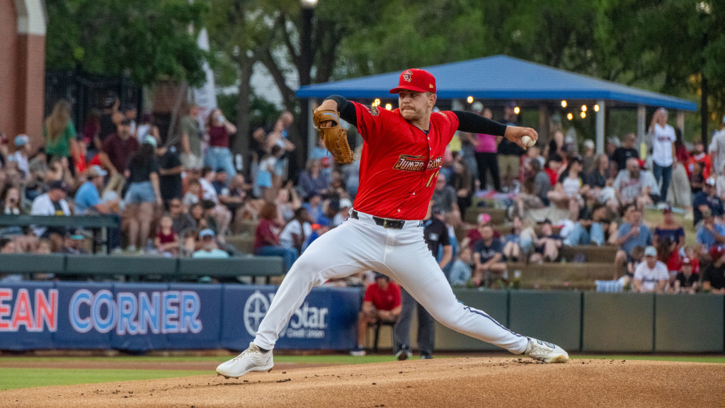Robby Snelling fired 5.0 no-hit innings with nine strikeouts on Friday at Durham. (Wyatt Lucovsky/Jacksonville Jumbo Shrimp)