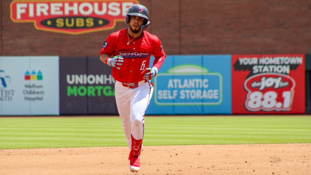 Jared Serna clobbers two homers in Jacksonville's 8-5 loss to Nashville Friday afternoon. (Skylar Catherwood/Jacksonville Jumbo Shrimp)