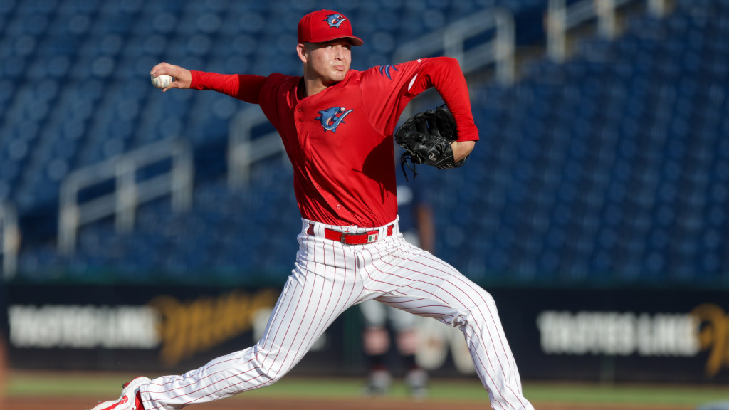 Phillies number nine prospect Ramón Márquez fires in a strike during an inning for the Clearwater Threshers.