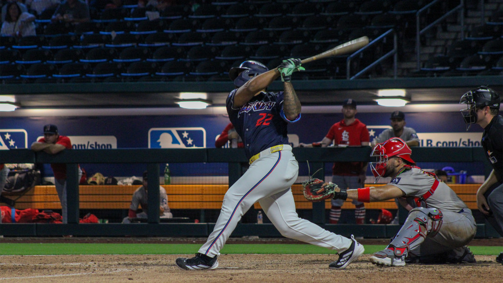 Deyvison De Los Santos delivers a pinch hit two-run double in Jacksonville's 5-3 win Tuesday night at VyStar Ballpark. (Skylar Catherwood/Jacksonville Jumbo Shrimp)