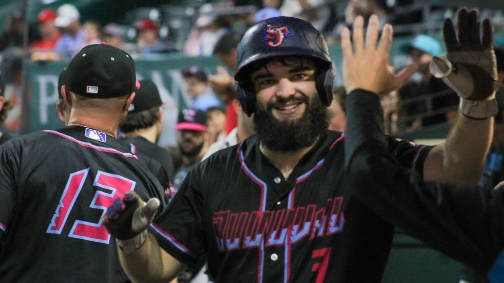 Matthew Etzel (19) homers in Jacksonville's win over Gwinnett Saturday night. (Skylar Catherwood/Jacksonville Jumbo Shrimp)