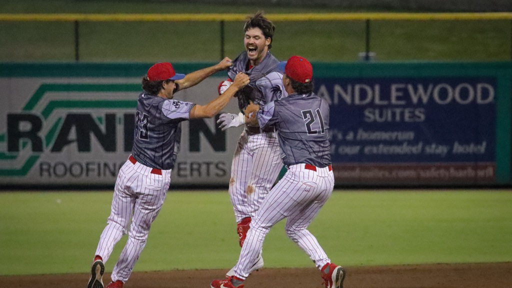 Phillies outfield prospect Nathan Humphreys celebrates with his teammates after a walkoff win at BayCare Ballpark