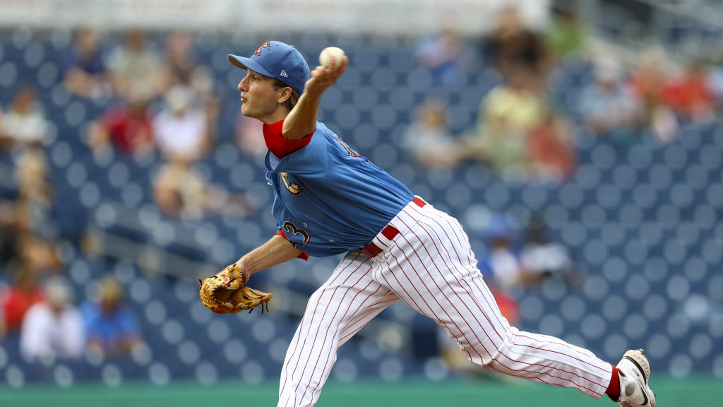 Phillies second-rounder Cade Obermueller fires in a strike during a win for the Clearwater Threshers