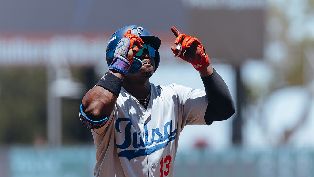 Zyhir Hope celebrates the first of his two home runs that he hit on Sunday in Amarillo. The Drillers swept a pair of games at Amarillo's HODGETOWN.