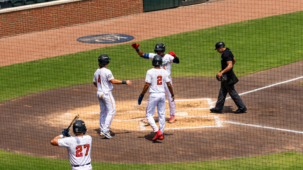 Hub City celebrates a Yeison Morrobel home run.