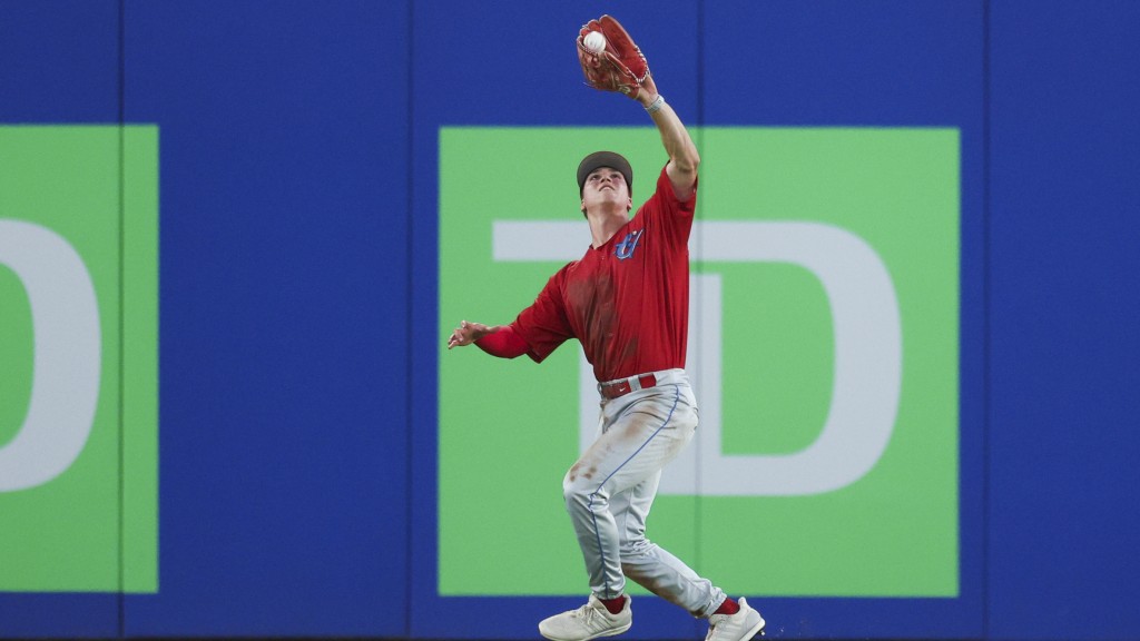 Phillies outfield prospect Griffin Burkholder makes a catch in centerfield for the Threshers against Dunedin.