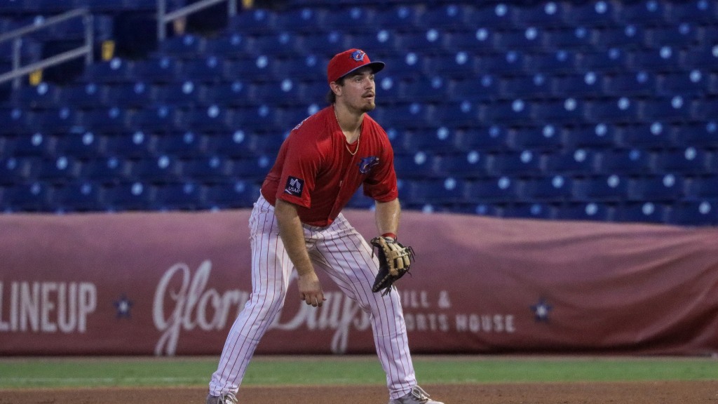 Phillies eleventh-rounder Will Vierling gets set on defense during an inning at first base.